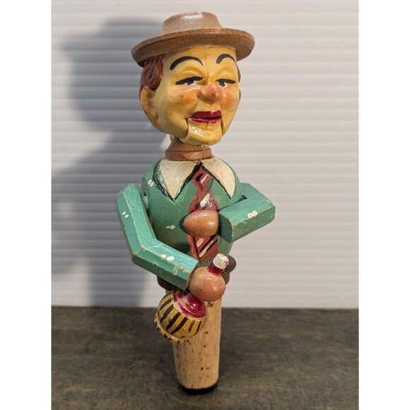 Vintage Hand-Carved Mechanical Cork Bottle Stopper Man Drinking Wine - Picture 1 of 15